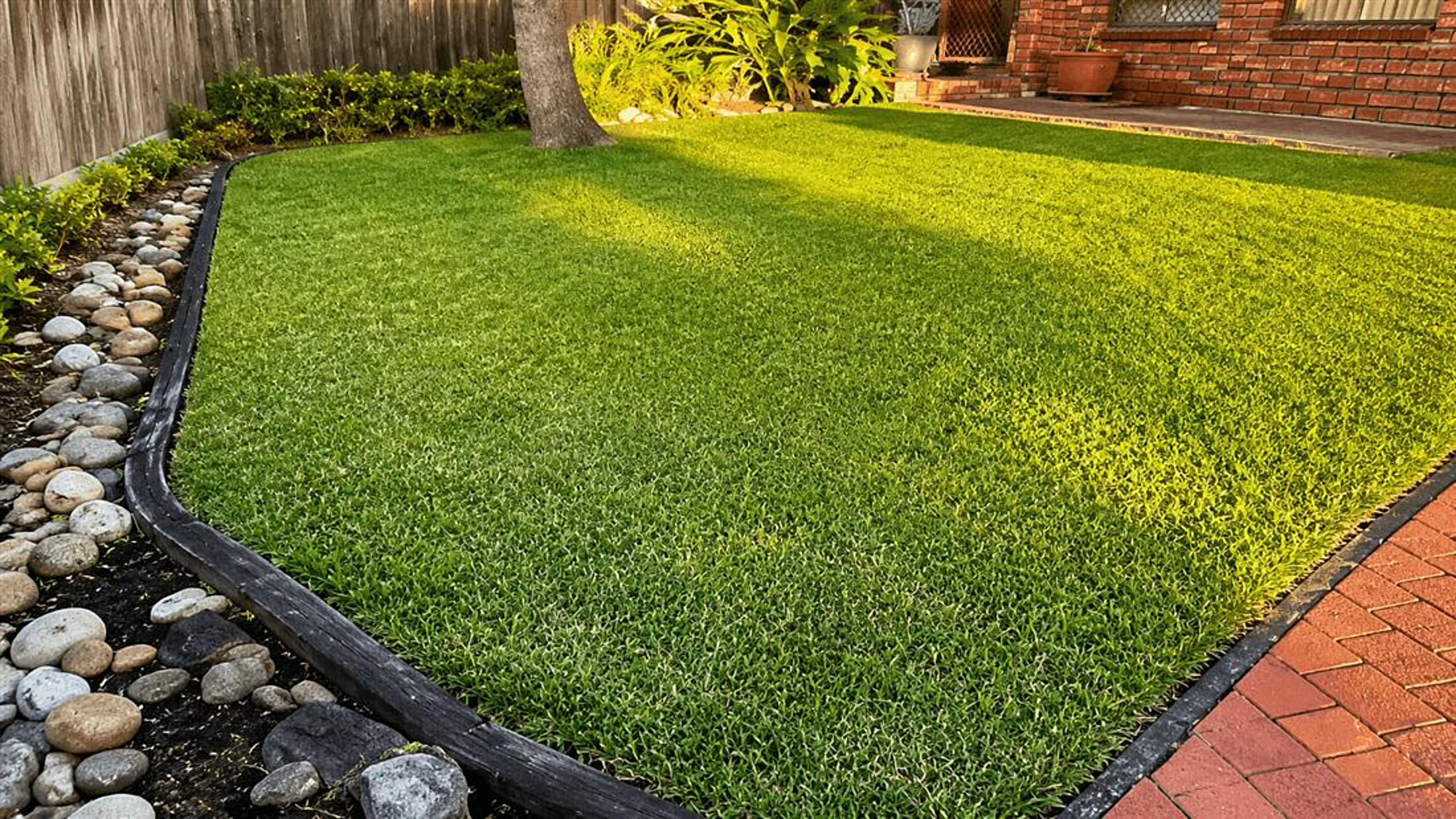 Lawn with crisp edges along timber edging and brick paving