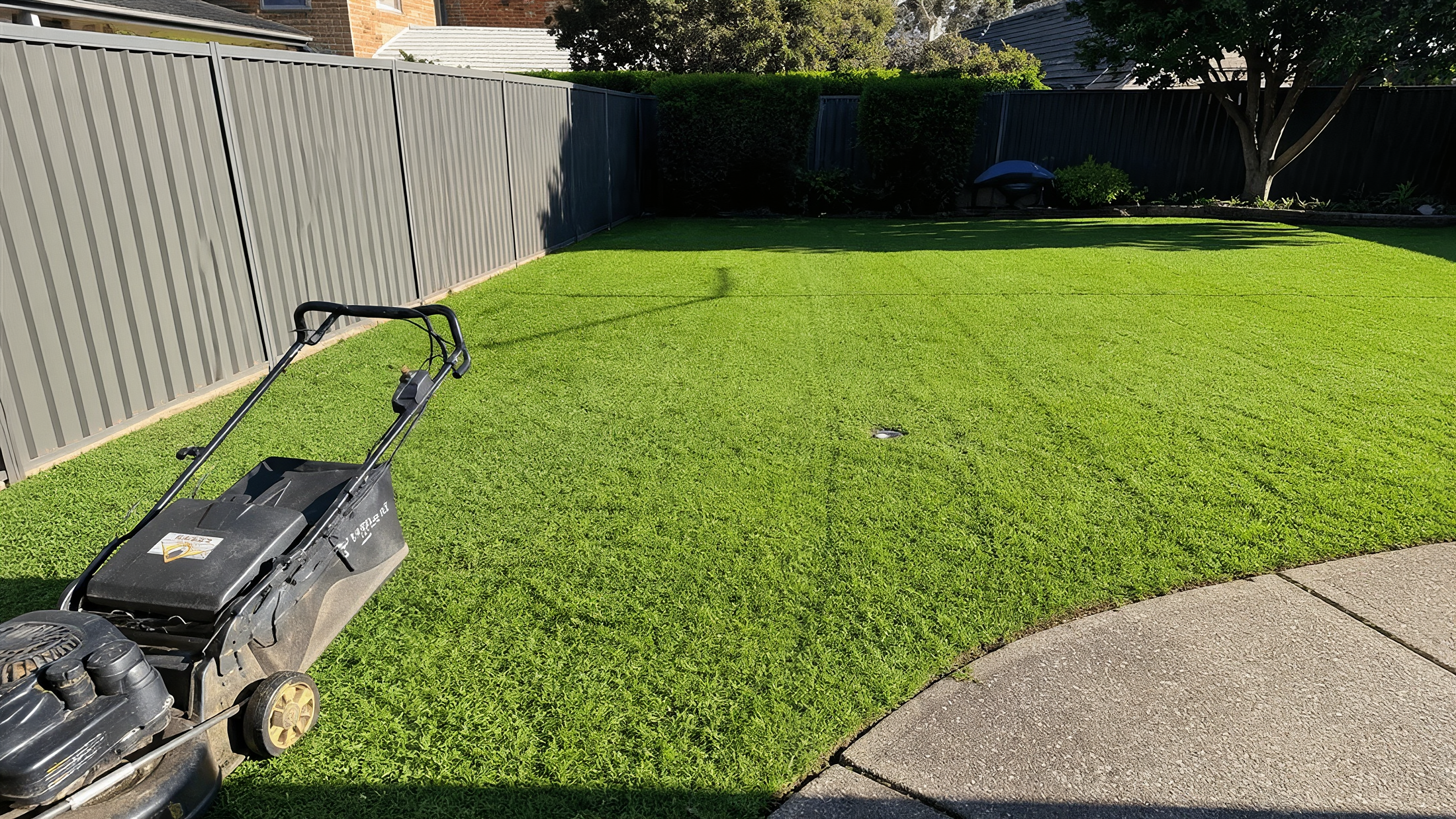 Neatly mown backyard lawn beside a curved concrete path, with a clipped hedge and tree behind